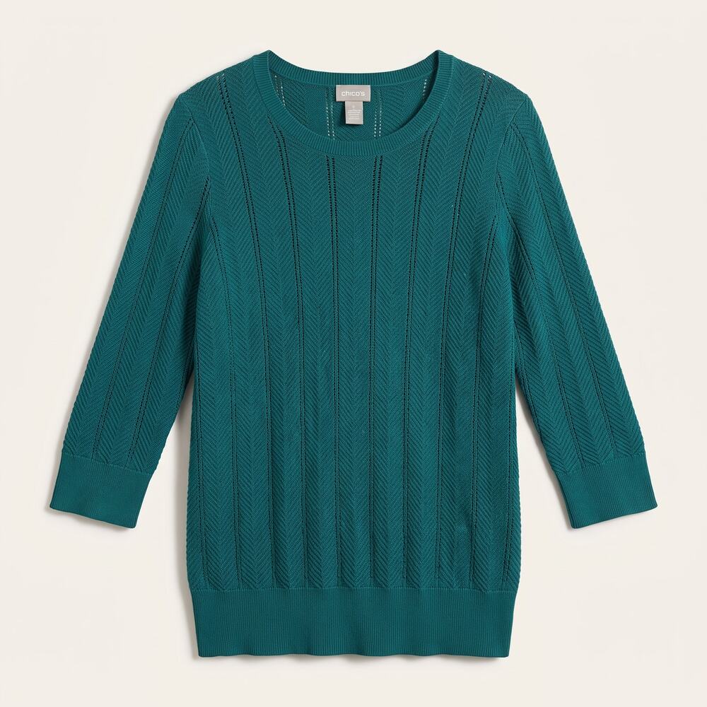 Chico's Womens M Minimalist Preppy Career Pointelle Knit Crewneck Sweater Top